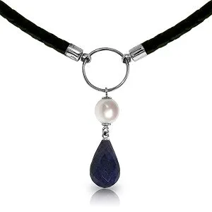 10.8 Carat 14K Solid White Gold Leather Necklace Pearl Sapphire