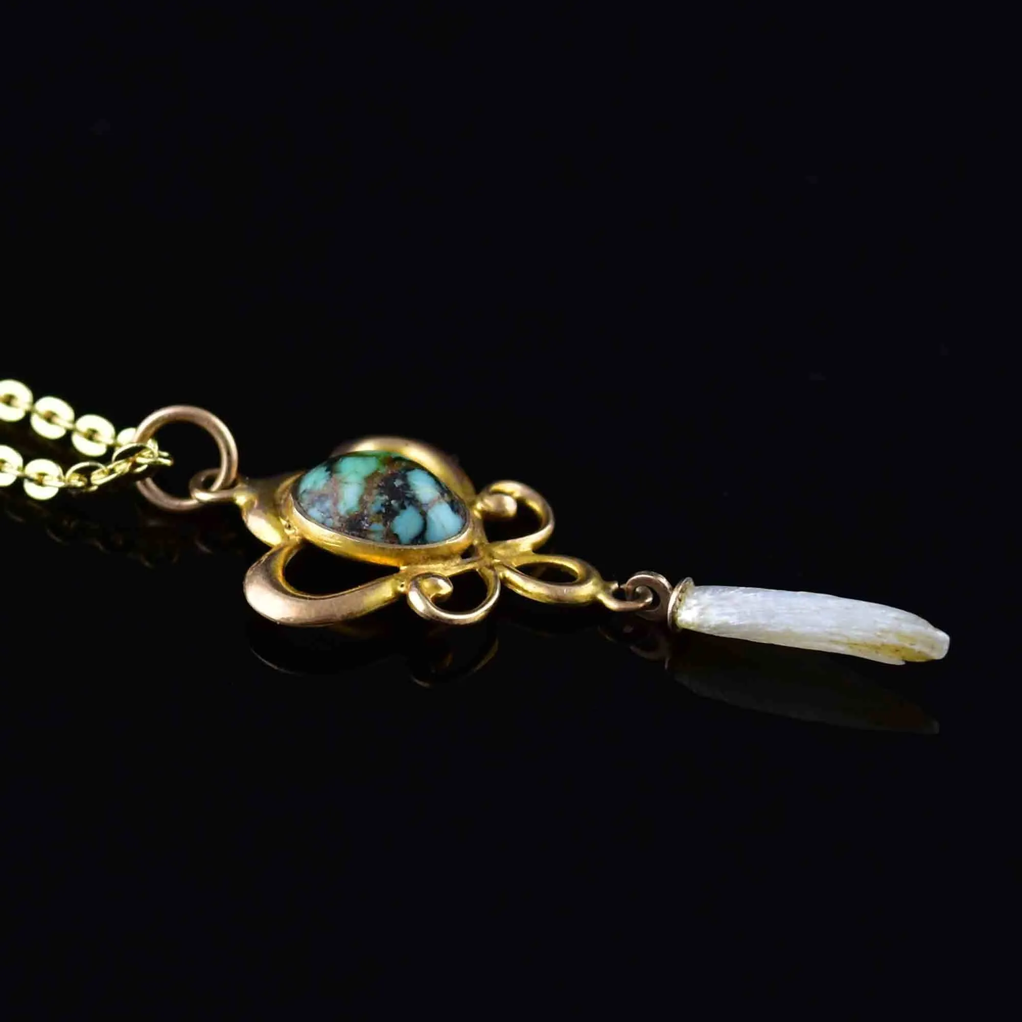 10K Gold Turquoise Pearl Art Nouveau Lavaliere Necklace