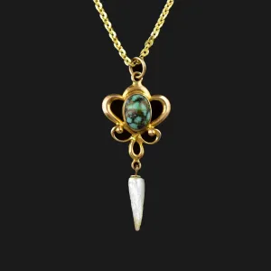 10K Gold Turquoise Pearl Art Nouveau Lavaliere Necklace