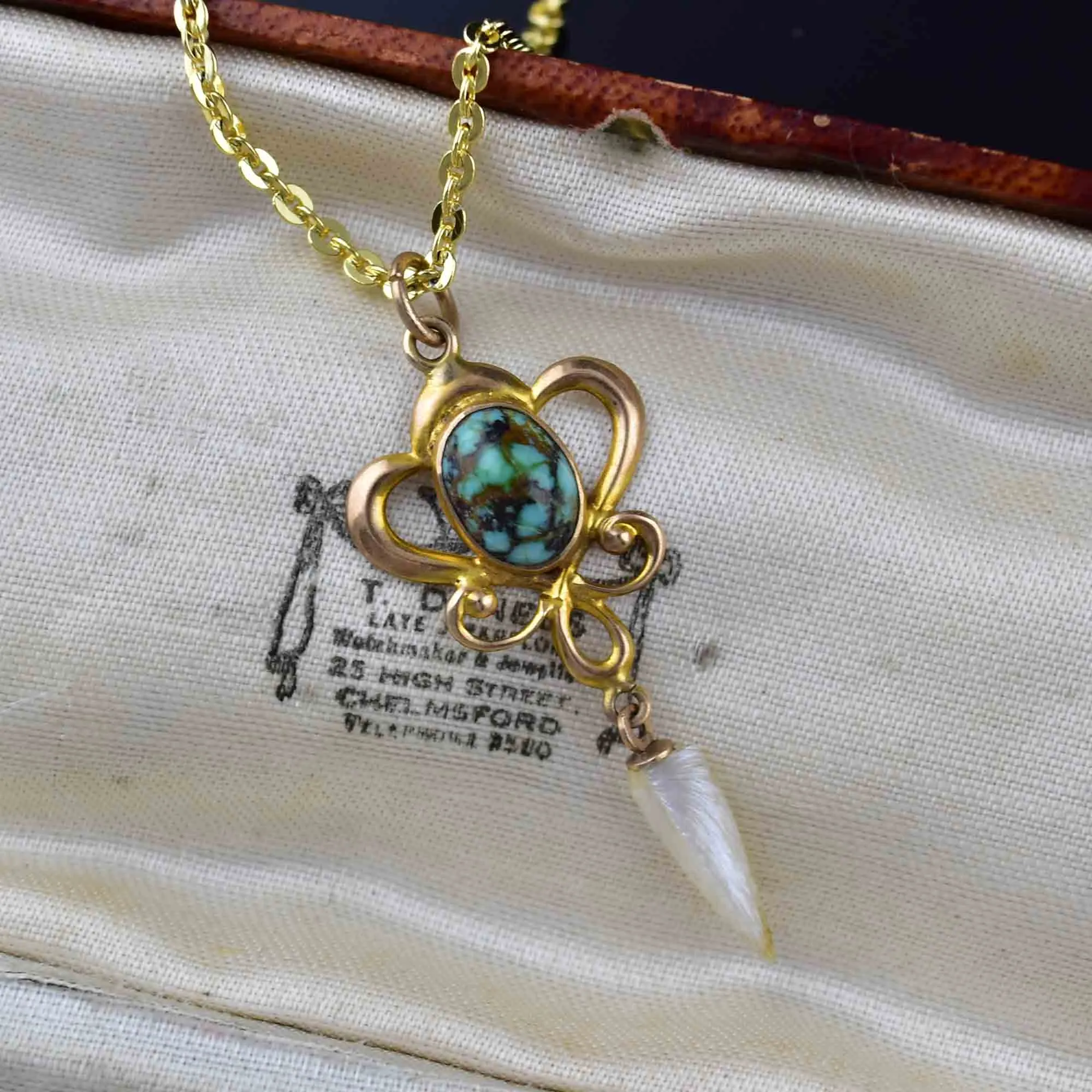 10K Gold Turquoise Pearl Art Nouveau Lavaliere Necklace