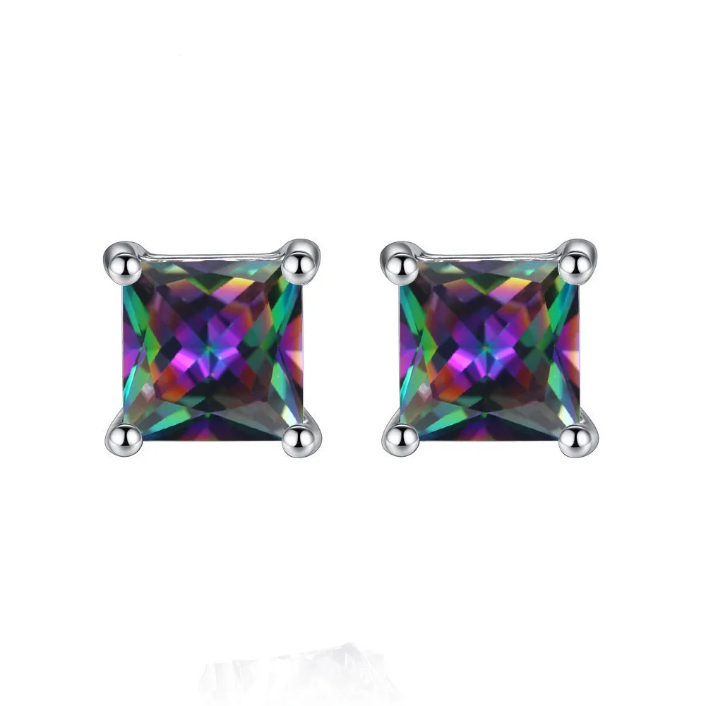 10k White Gold Plated 1 Carat Princess Cut Created Mystic Topaz Stud Earrings