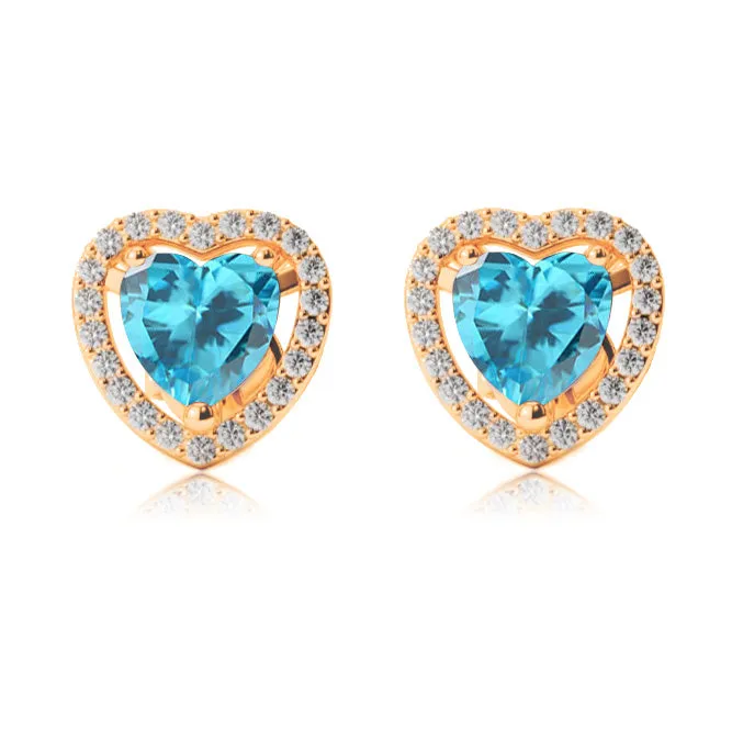 10k Yellow Gold Plated 4 Ct Created Halo Heart Blue Topaz Stud Earrings