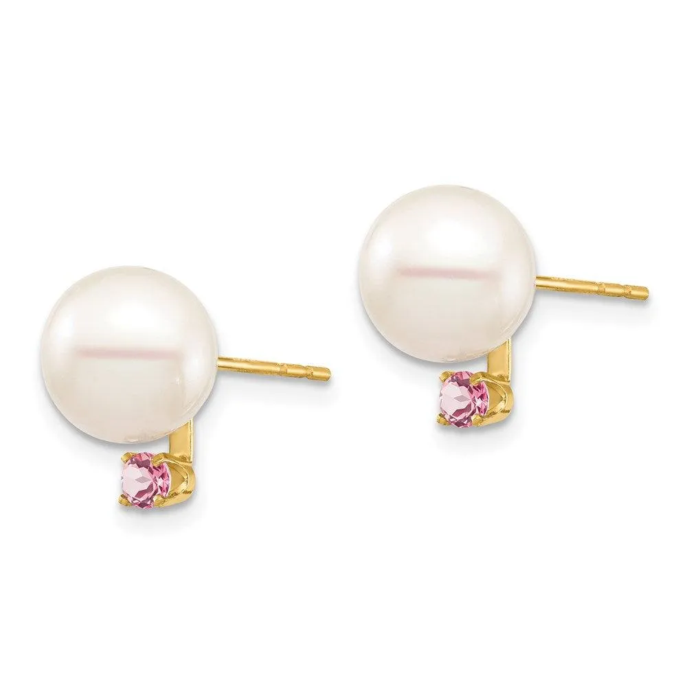 14K 8-8.5mm White Round Freshwater Cultured Pearl Pink Topaz Post Earrings