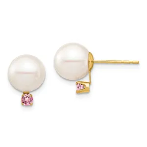 14K 8-8.5mm White Round Freshwater Cultured Pearl Pink Topaz Post Earrings