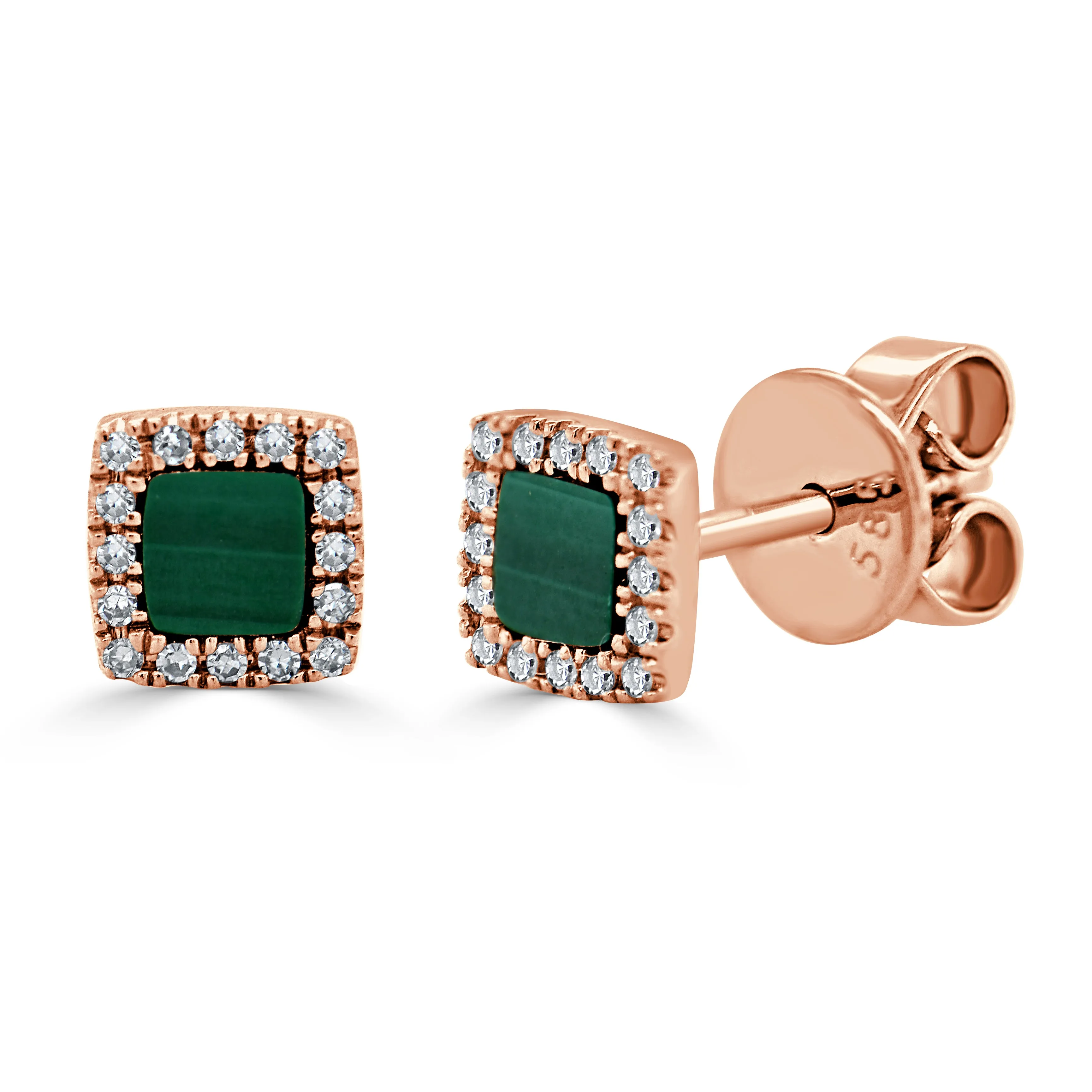 14k Gold Malachite & Diamond Square Stud Earrings