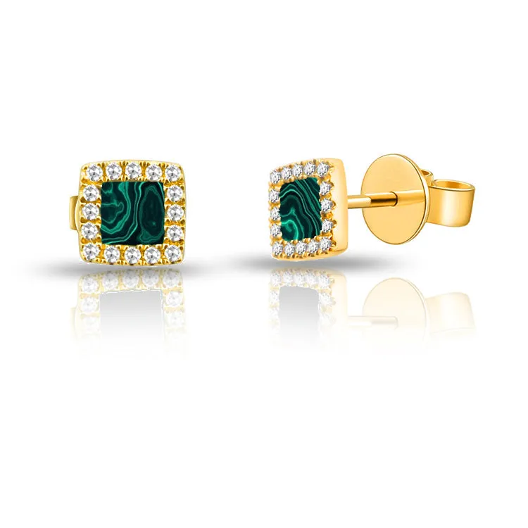 14k Gold Malachite & Diamond Square Stud Earrings