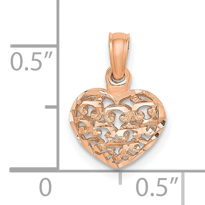 14K Rose Gold Polished 3-D Filigree Puffed Heart Pendant