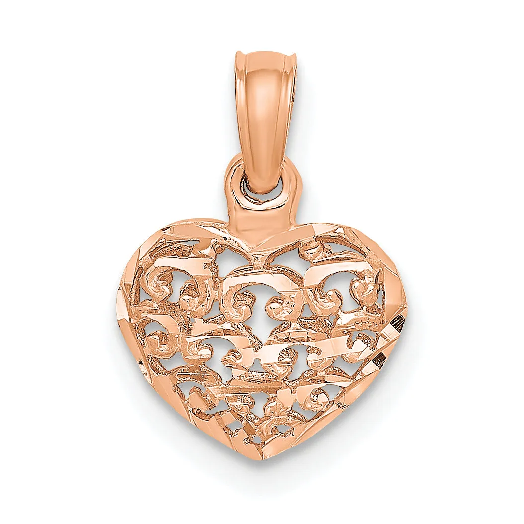 14K Rose Gold Polished 3-D Filigree Puffed Heart Pendant