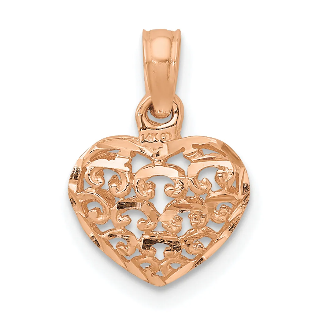 14K Rose Gold Polished 3-D Filigree Puffed Heart Pendant