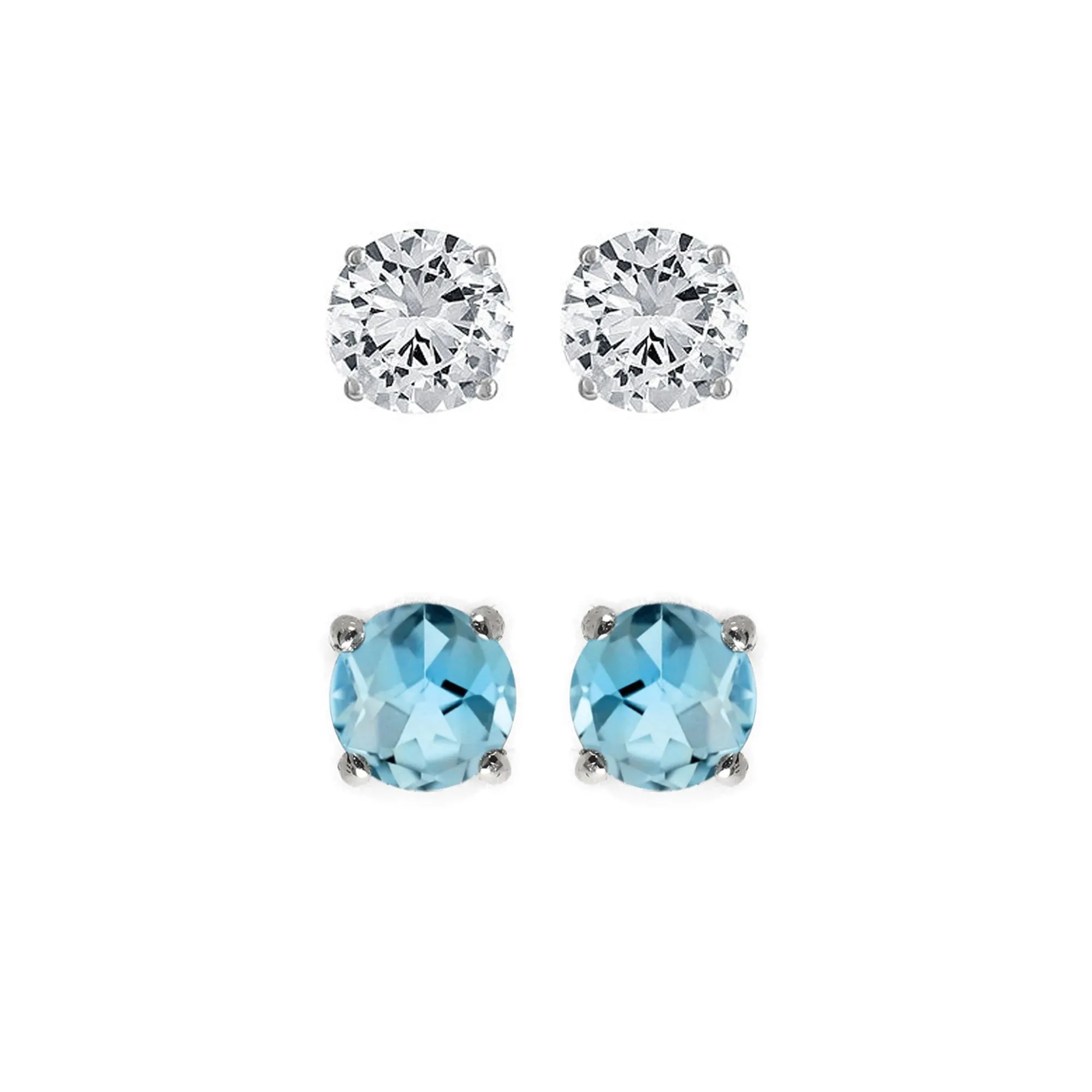 14k White Gold 1Ct Created White Sapphire and Blue Topaz 2 Pair Round Stud Earrings Plated