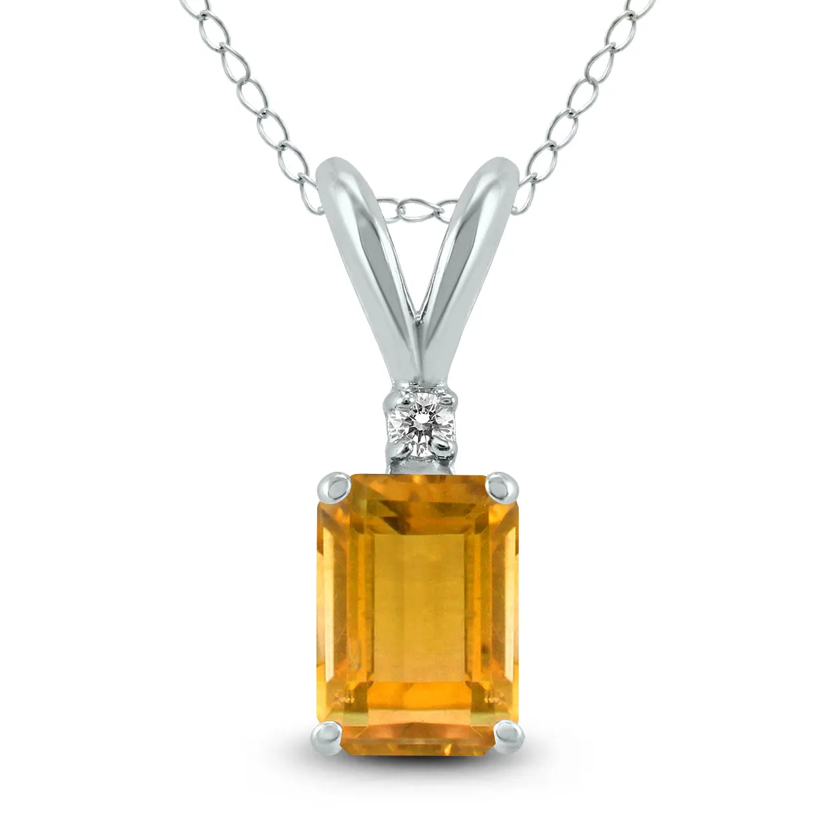 14K White Gold 6X4Mm Emerald Shaped Citrine And Diamond Pendant