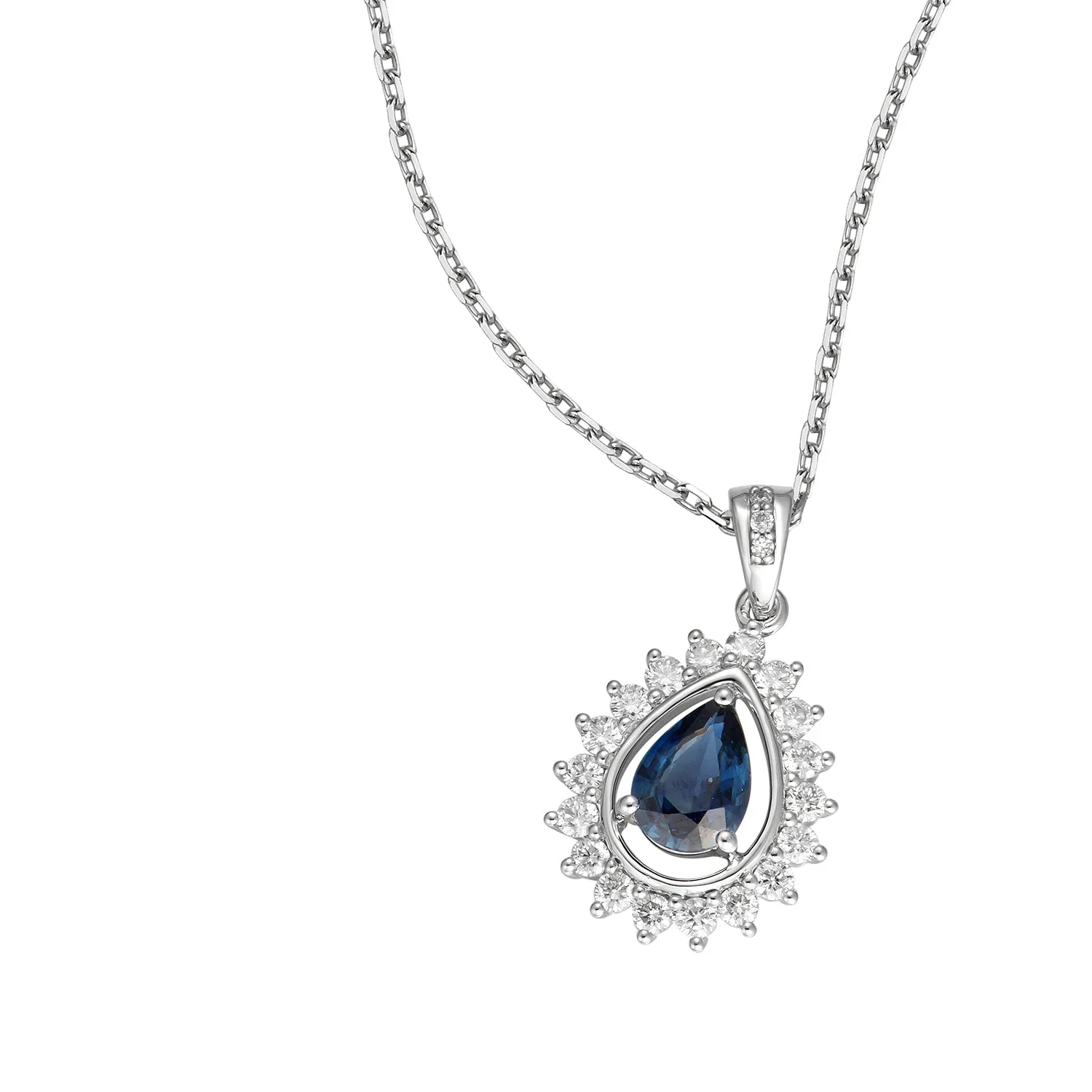 14K White Gold Pear Shape Sapphire With Diamond Halo Pendant Necklace