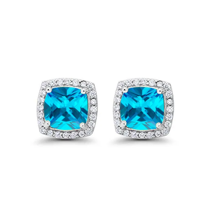 14k White Gold Plated 1/2 Ct Created Halo Princess Cut Blue Topaz Stud Earrings