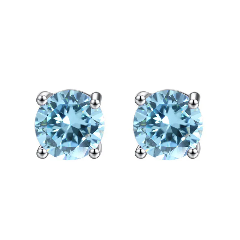 14k White Gold Plated 1/2 Ct Round Created Blue Topaz Stud Earrings