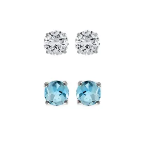 14k White Gold Plated 1/2Ct Created White Sapphire and Blue Topaz 2 Pair Round Stud Earrings