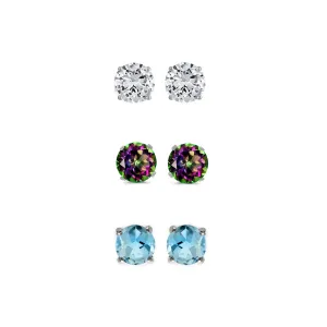 14k White Gold Plated 3Ct Created White Sapphire, Mystic Topaz and Blue Topaz 3 Pair Round Stud Earrings