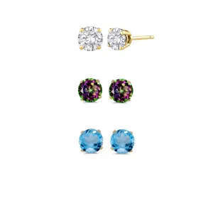 14k Yellow Gold Plated 3Ct Created White Sapphire, Mystic Topaz and Blue Topaz 3 Pair Round Stud Earrings