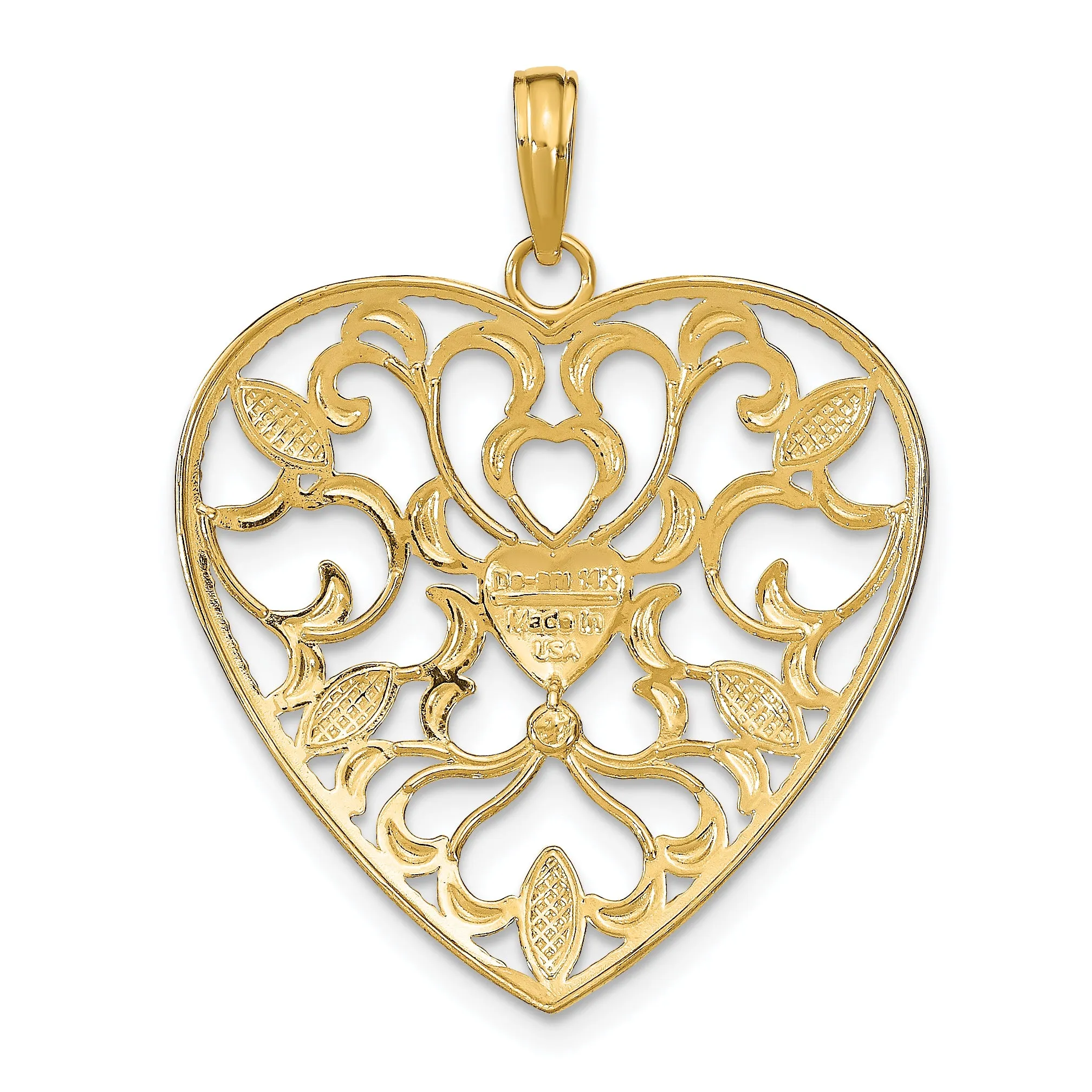 14k Yellow Gold Rhodium Filigree Leaf Accent Heart Pendant