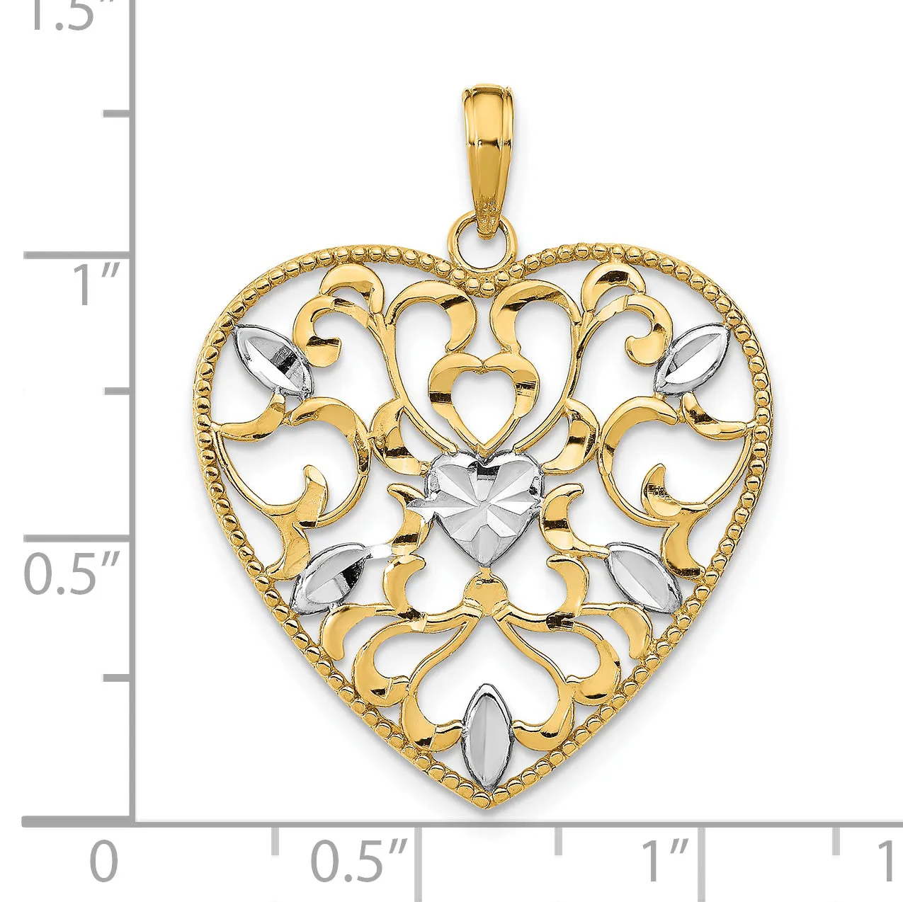 14k Yellow Gold Rhodium Filigree Leaf Accent Heart Pendant