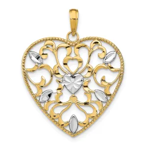 14k Yellow Gold Rhodium Filigree Leaf Accent Heart Pendant