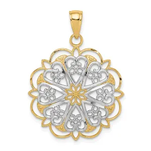 14K Yellow Gold Solid Filigree Hearts with Scalloped Edge Fancy Design Round Pendant