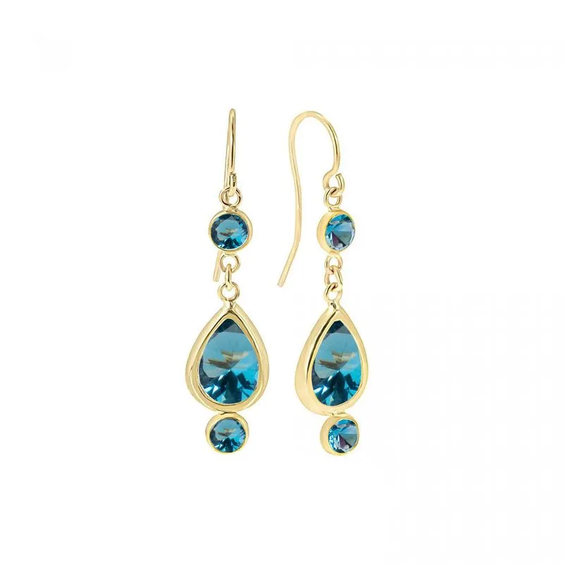 14K Yellow Gold Teardrop Blue Cubic Zirconia 7X10mm Dangle Earrings