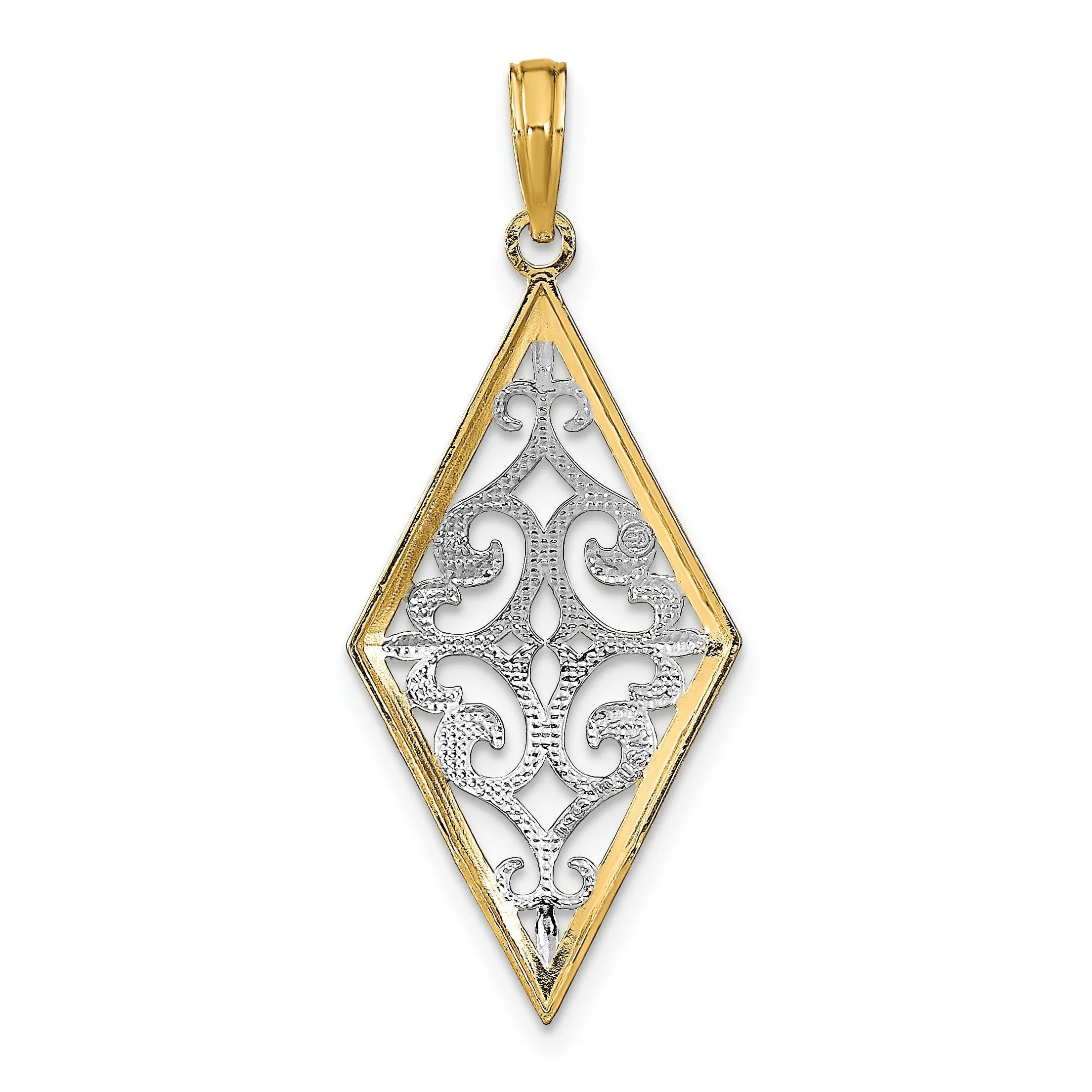 14K Yellow Gold, White Rhodium Polished Diamond Cut Finish Diamond Shape Cut-Out Filigree Design Pendant