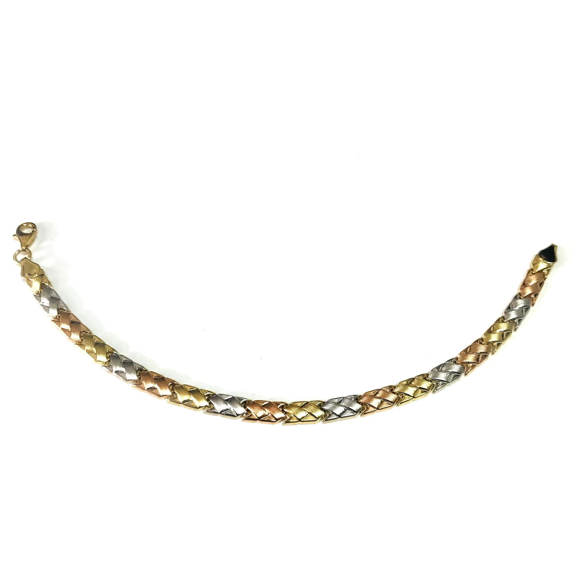 14k Yellow White And Rose Gold Weaved Fancy Bracelet, 7.25"