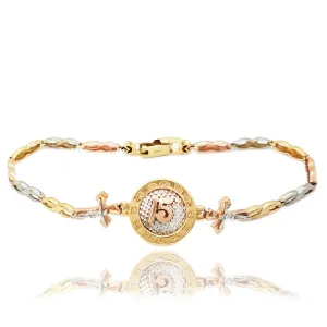 15 Birthday / Quiceañera With Zodiac Symbols Tri-Color Gold Bracelet (14K)