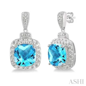 1/50 Ctw Round Cut Diamond & 8x8 MM Cushion Shape Blue Topaz Semi Precious Earring in Sterling Silver