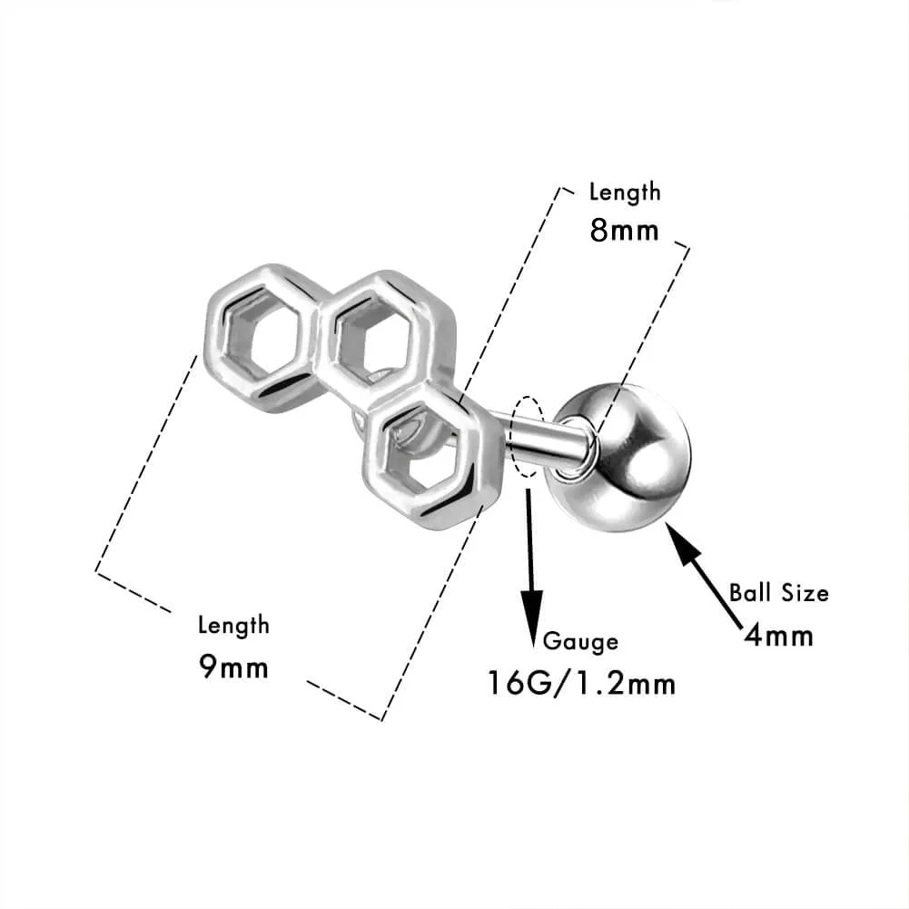 16G Three Honeycomb Hexagons Helix Daith Tragus Earring Piercings