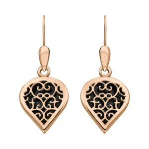 18ct Rose Gold Whitby Jet Flore Filigree Heart Drop Earrings