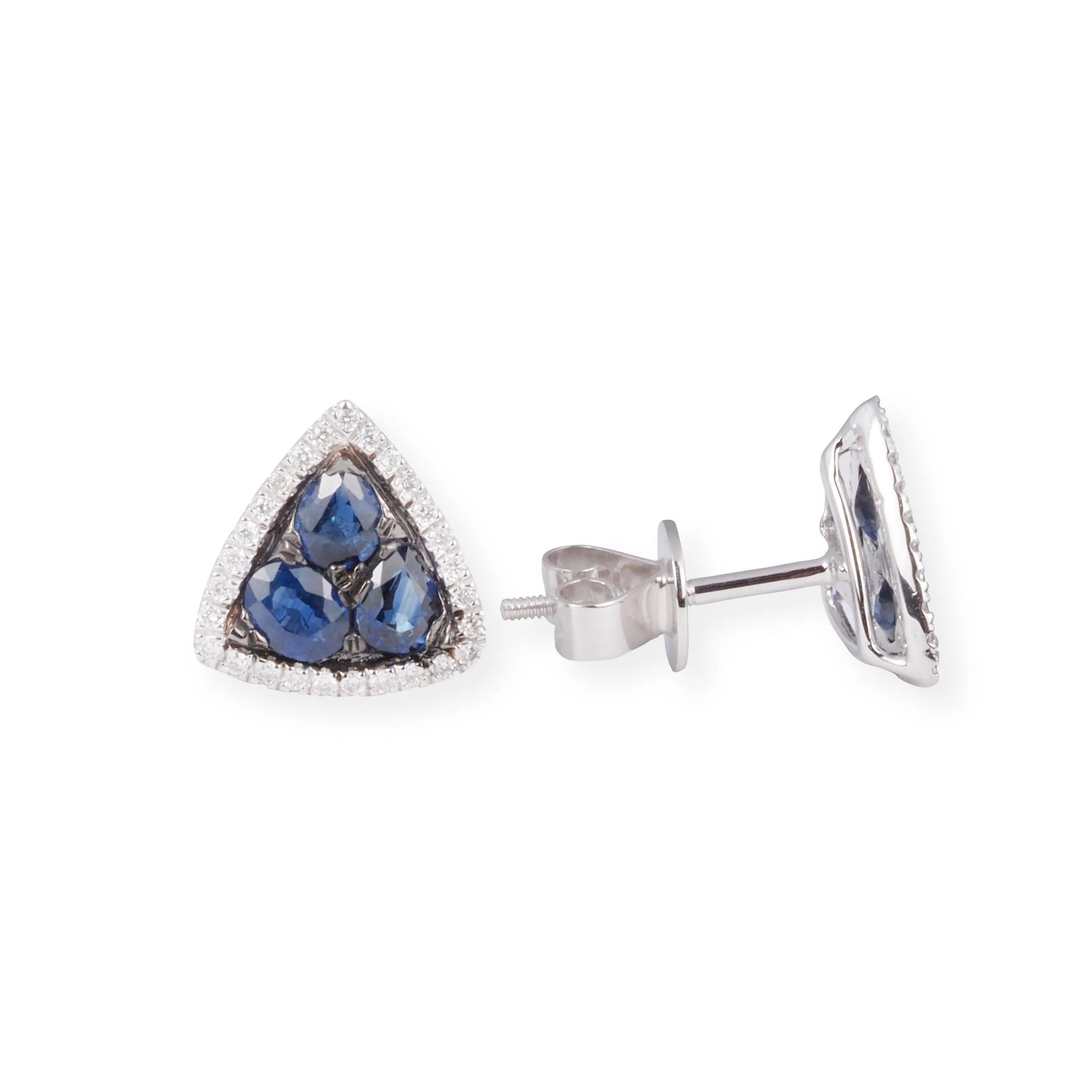 18ct White Gold Diamond and Blue Sapphire Triangle Pendant & Earrings P-7968/E-P7968