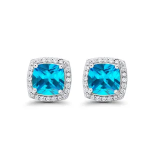 18k White Gold Plated 2 Ct Created Halo Princess Cut Blue Topaz Stud Earrings