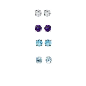 18k White Gold Plated 2Ct Created White Sapphire, Amethyst, Blue Topaz and Aquamarine 4 Pair Round Stud Earrings