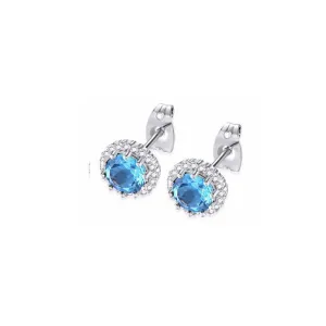 18k White Gold Plated 3 Ct Created Halo Round Blue Topaz Stud Earrings