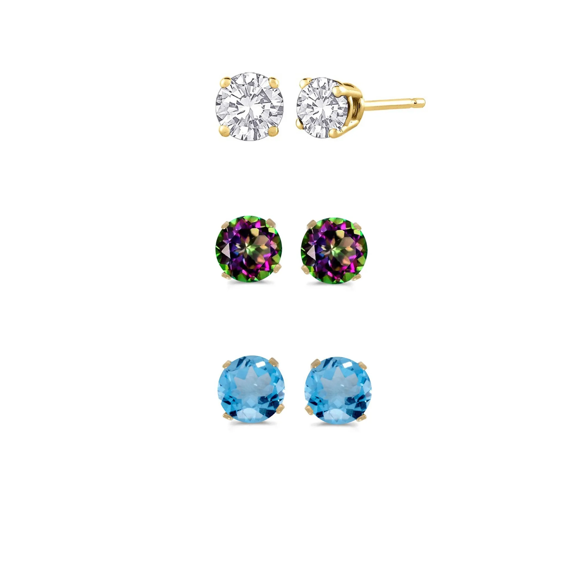 18k Yellow Gold Plated 1/2Ct Created White Sapphire, Mystic Topaz and Blue Topaz 3 Pair Round Stud Earrings