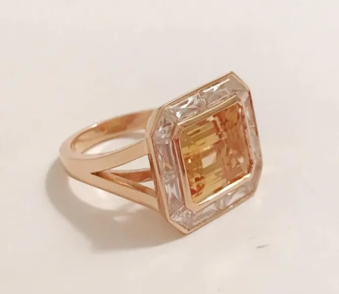 18kt Yellow Gold Mini Emerald Cut Ring with Blue Topaz and Citrine