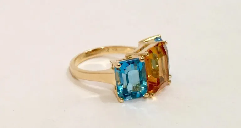 18kt Yellow Gold Mini Emerald Cut Ring with Blue Topaz and Citrine