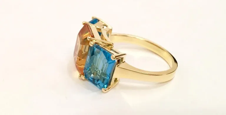 18kt Yellow Gold Mini Emerald Cut Ring with Blue Topaz and Citrine