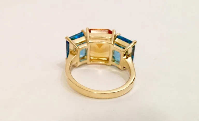 18kt Yellow Gold Mini Emerald Cut Ring with Blue Topaz and Citrine