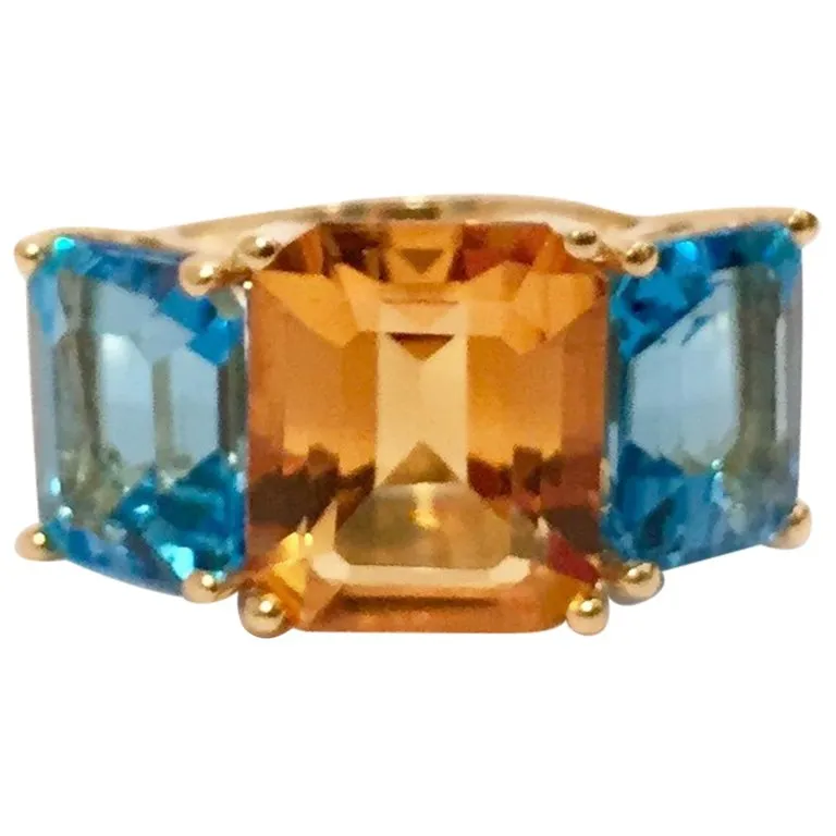 18kt Yellow Gold Mini Emerald Cut Ring with Blue Topaz and Citrine