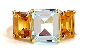 18kt Yellow Gold Mini Emerald Cut Ring with Blue Topaz and Citrine