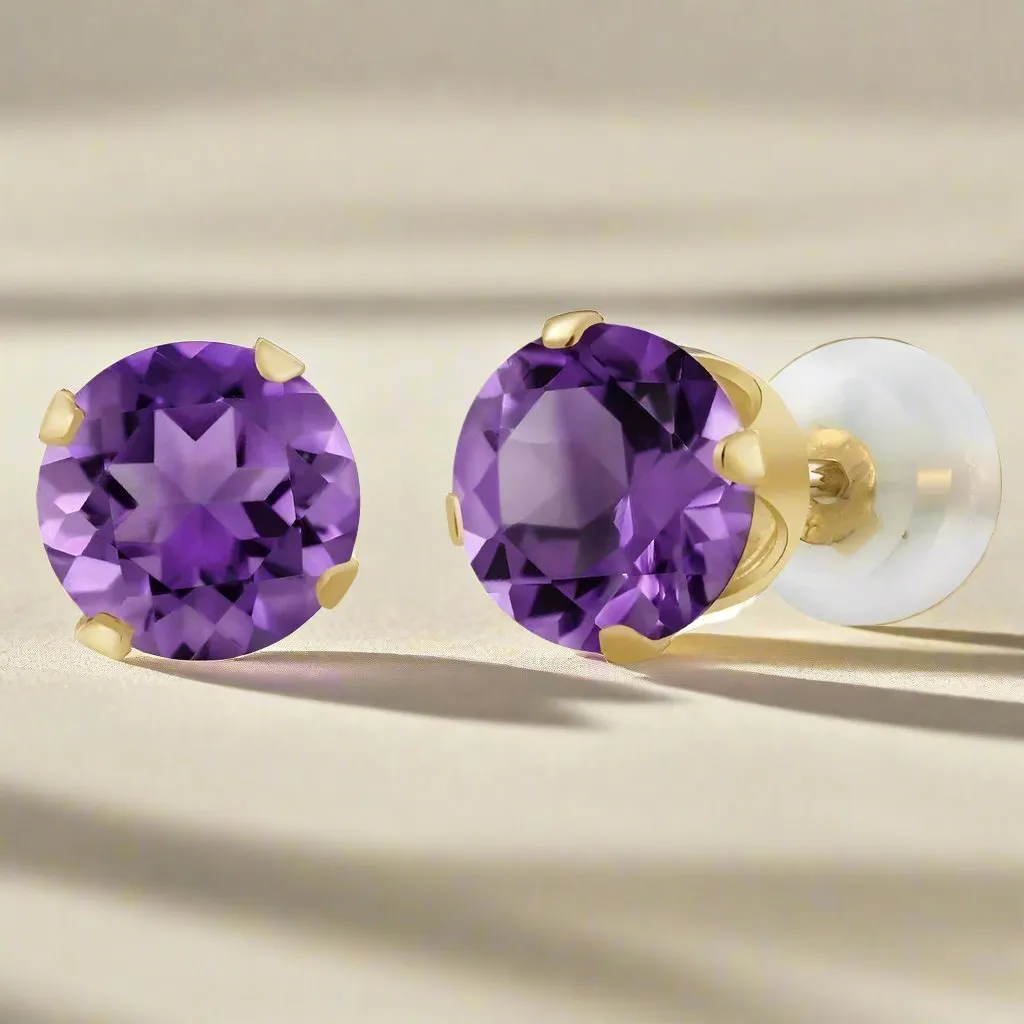 1CTW Genuine Amethyst 14K Solid Yellow Gold OB Precious Gems Stud Earrings