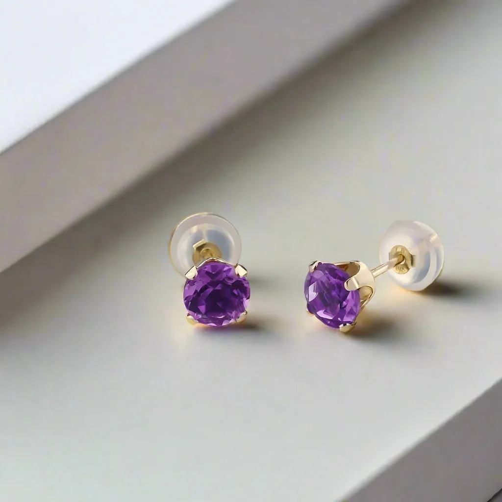 1CTW Genuine Amethyst 14K Solid Yellow Gold OB Precious Gems Stud Earrings