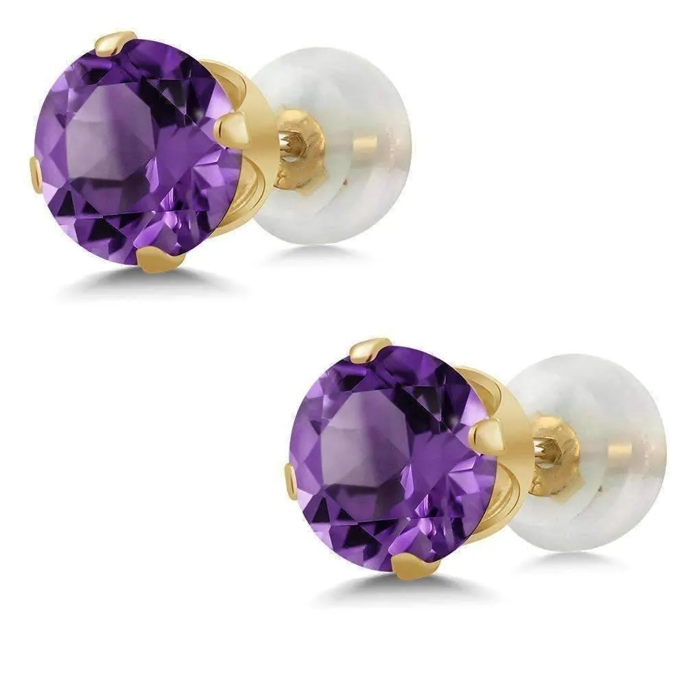 1CTW Genuine Amethyst 14K Solid Yellow Gold OB Precious Gems Stud Earrings