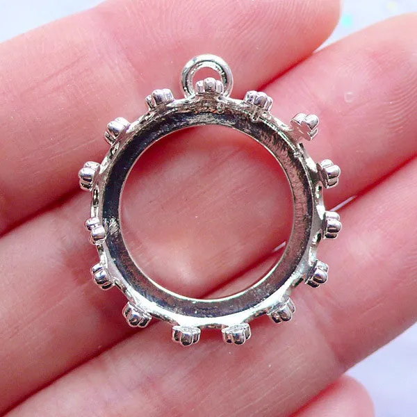 20mm Crown Bezel Setting Charms | Round Bezel Cup Pendant | Silver Bezel Tray | 20mm Cabochon Base | Cameo Holder | Jewelry Mounting (1 Piece / Silver / 23mm x 27mm)