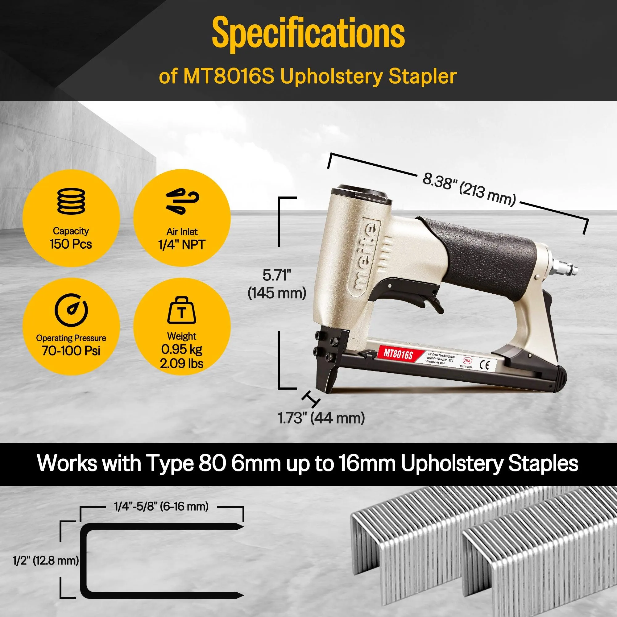 21 Gauge 1/2" Crown 1/4" to 5/8" Length Fine Wire Stapler With Safety Trigger - Model MT8016S