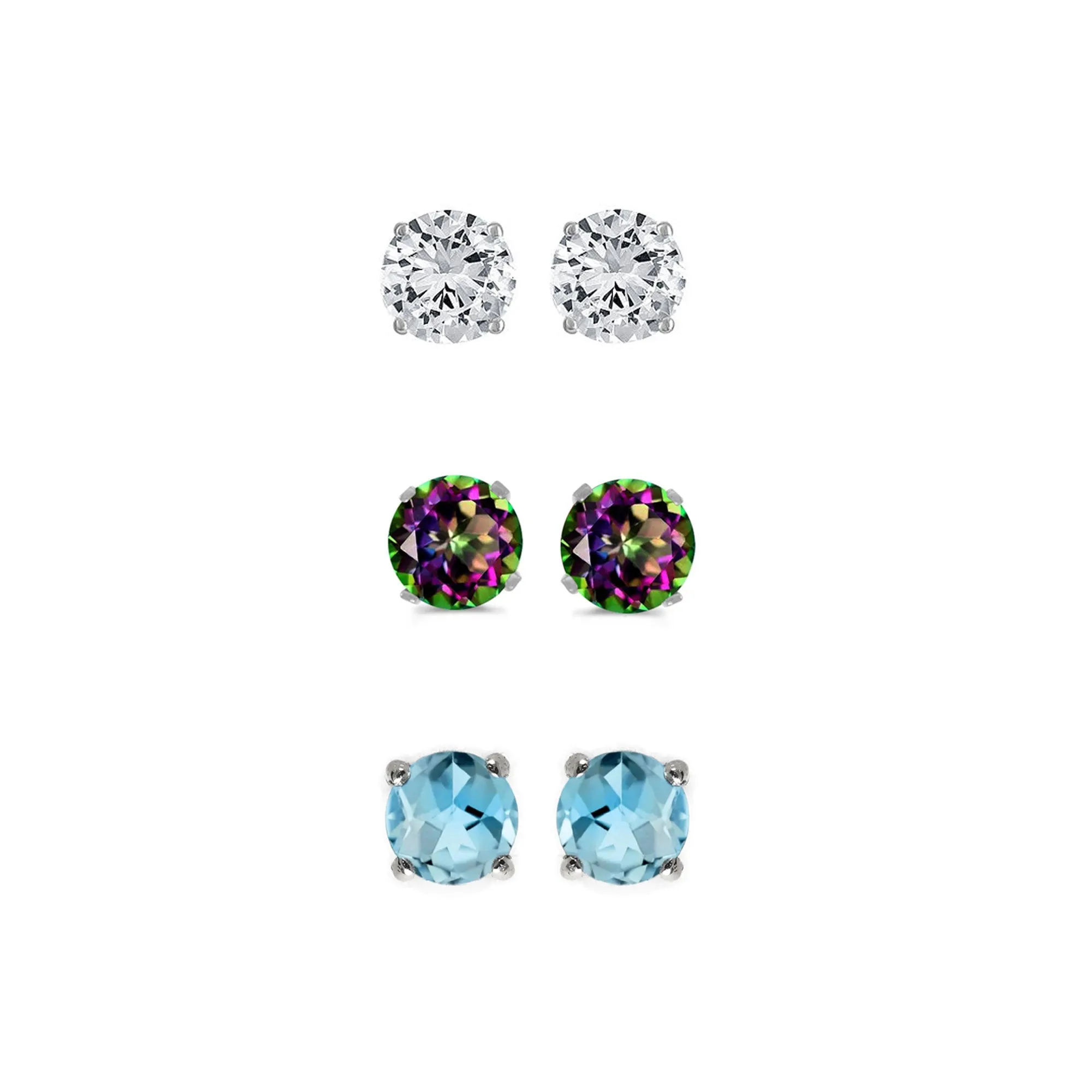 24k White Gold Plated 1Ct Created White Sapphire, Mystic Topaz and Blue Topaz 3 Pair Round Stud Earrings