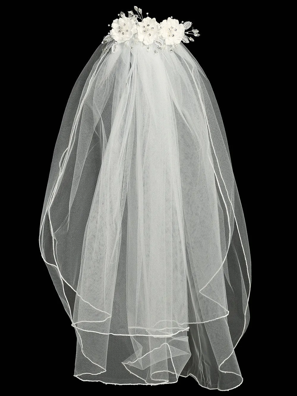 24" Veil - Silk & Organza flowers with pearls & rhinestones